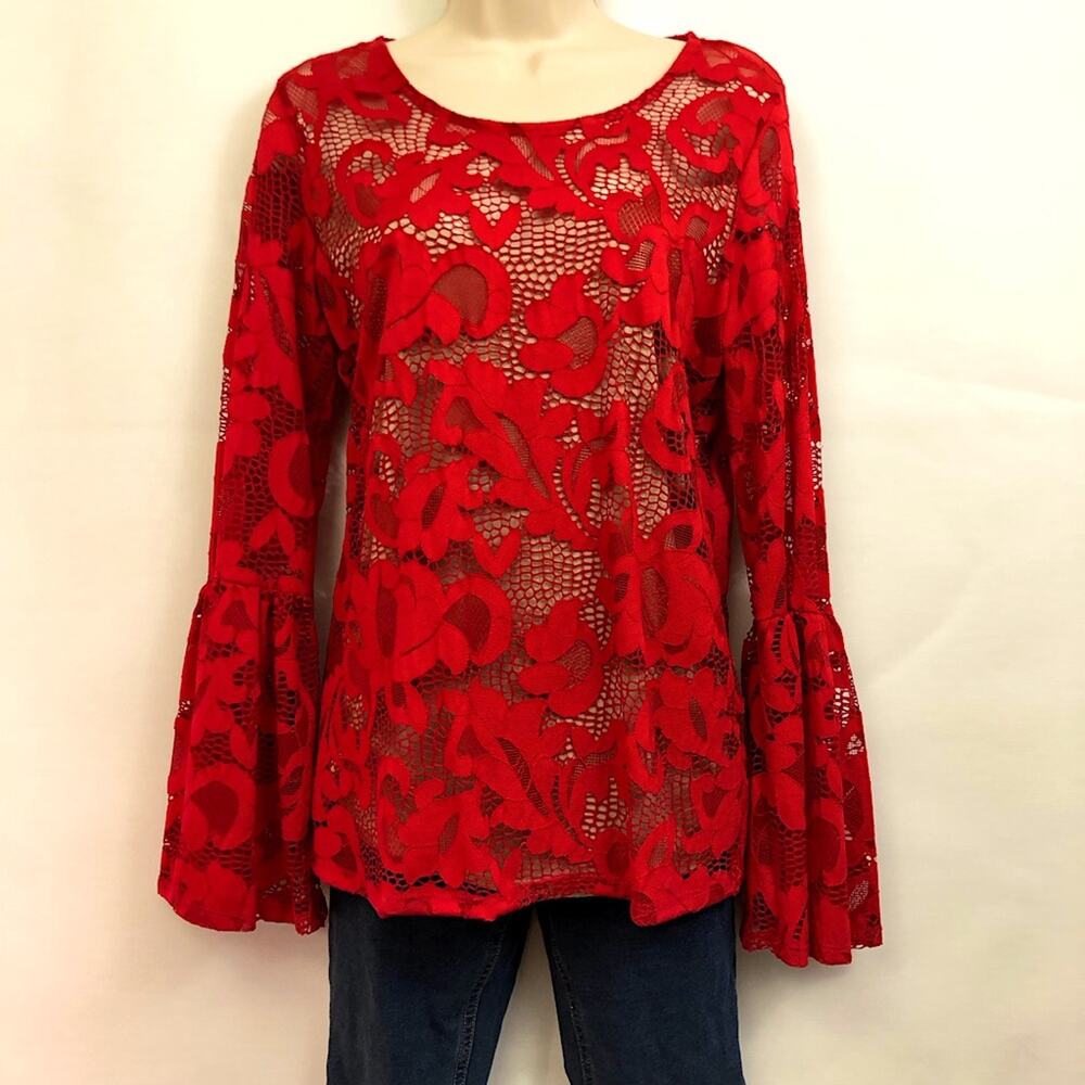 INC International Concepts Red Lace Nude Lined Top Bell Sleeves Scoop Neckline